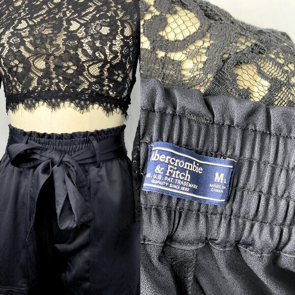 Abercrombie & Fitch black satin high rise taper paperbag trousers medium NWT - Picture 2 of 8